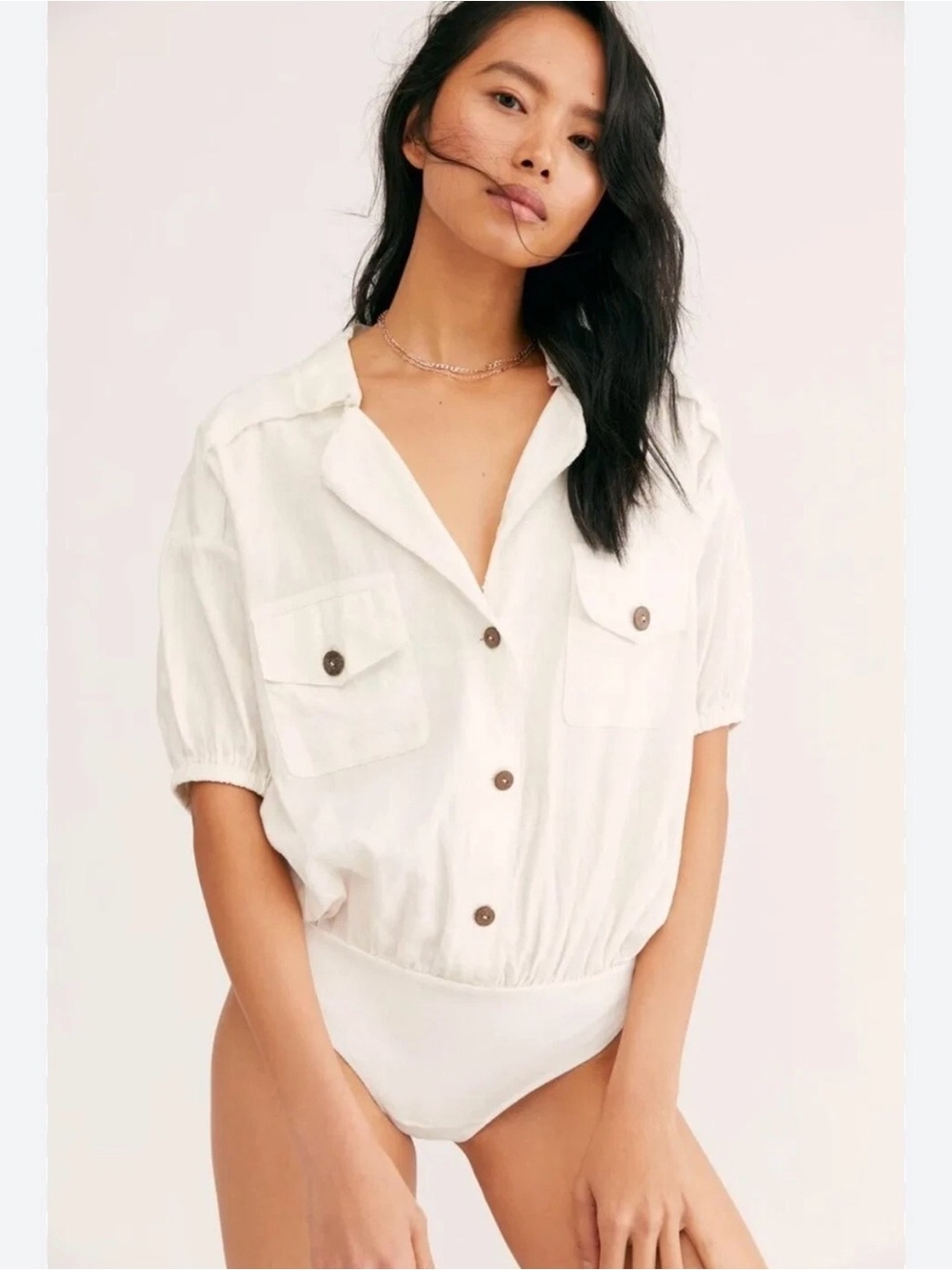 Free People White Button-Front Utility Bodysuit
